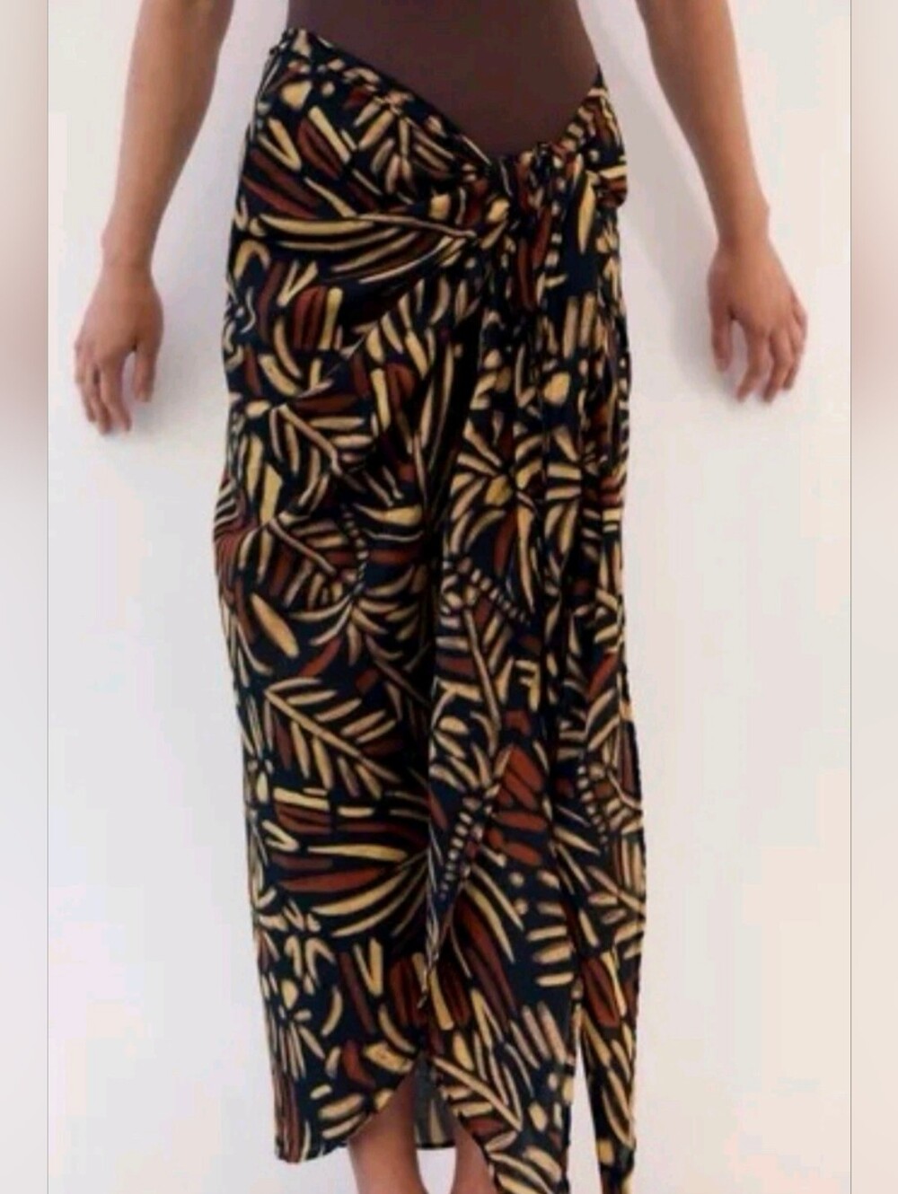 Zara Black Swim Cotton Sarong Wrap Skirt with Brown and Cream Leaf Print